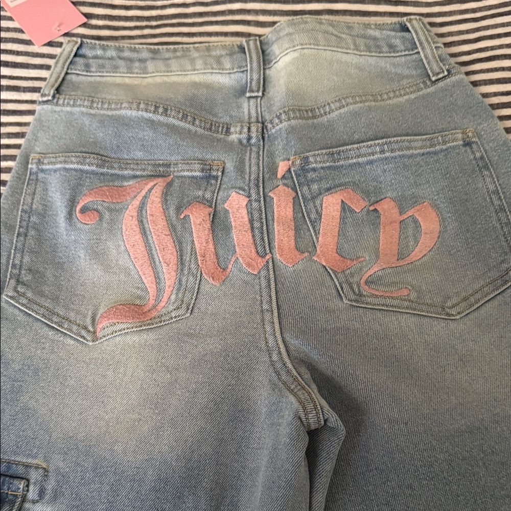 Juicy Couture Women's High Rise Blue Jeans with Pink Logo